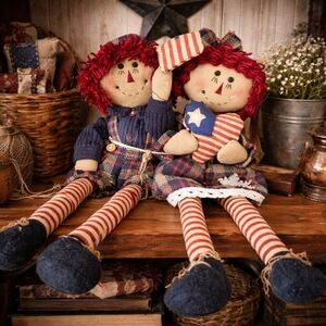 Raggedy Ann Doll Pair – Rustic Farmhouse Americana Shelf Sitters